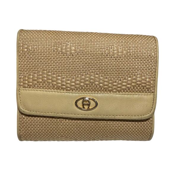 Etienne Aigner Woven Raffia Straw Trifold Wallet Women's Billfold Beige Cream - Picture 9 of 9